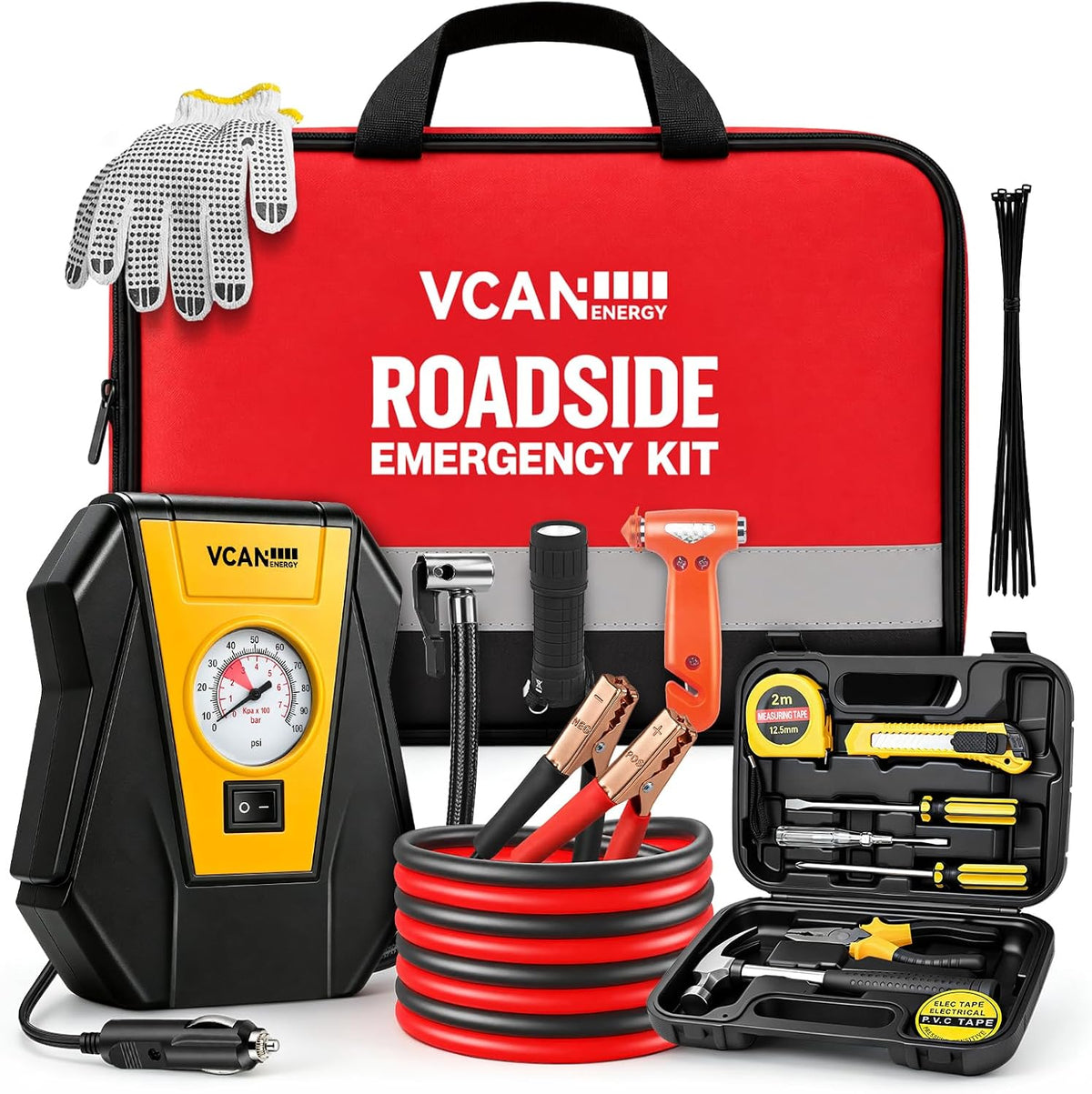 Car Emergency Safety Kit Bag with Portable Air Compressor for Vehicles