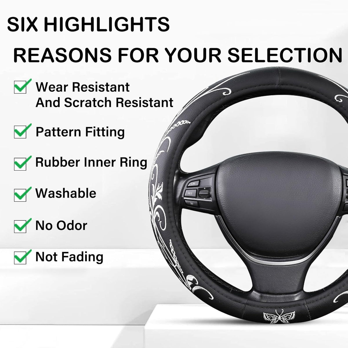 White Embroidery Butterfly Car Steering Wheel Cover,14.5-15 Inch Universal Leather Covers Breathable Anti-Slip Odorless Steering Wheels Accessories for Men Women