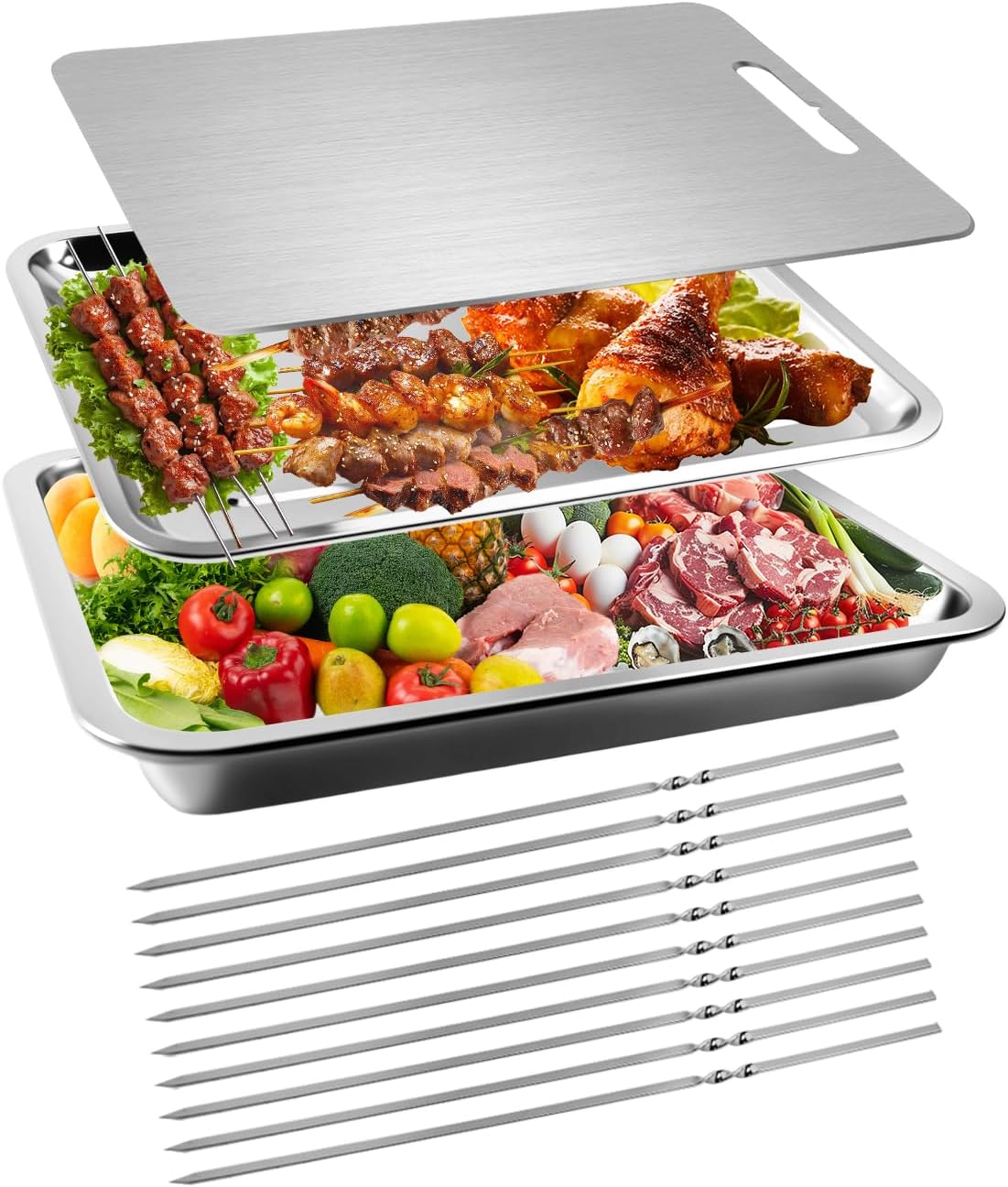 Grill Carry System, grill prep trays 13Pcs,Large Stainless Steel Trays for Food,Stainless Steel Cutting Board & reusable skewers,BBQ Grill Accessories, Grilling Gifts for Men