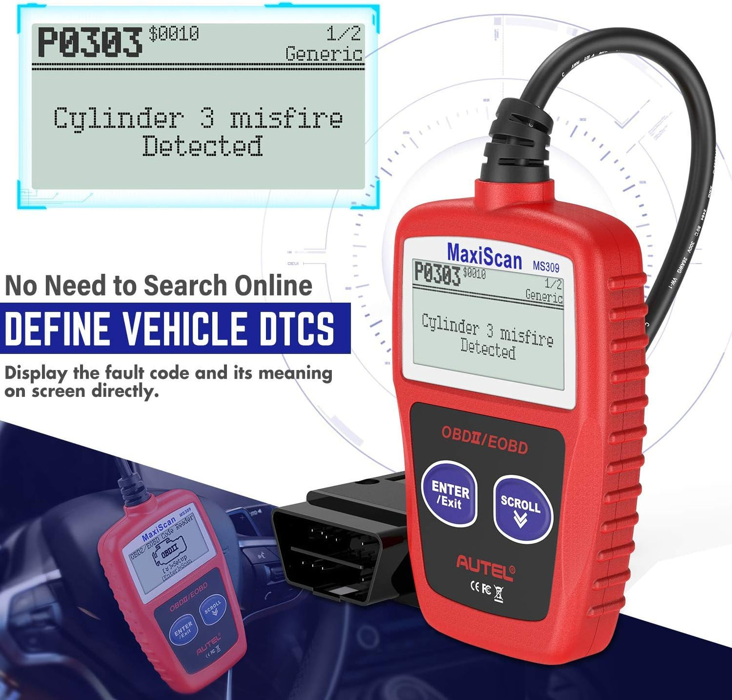 Autel OBD2 Scanner MS309 Universal Car Engine Fault Code Reader, Check Engine Light and Emission Monitor Status, OBDII CAN Diagnostic Scan Tool