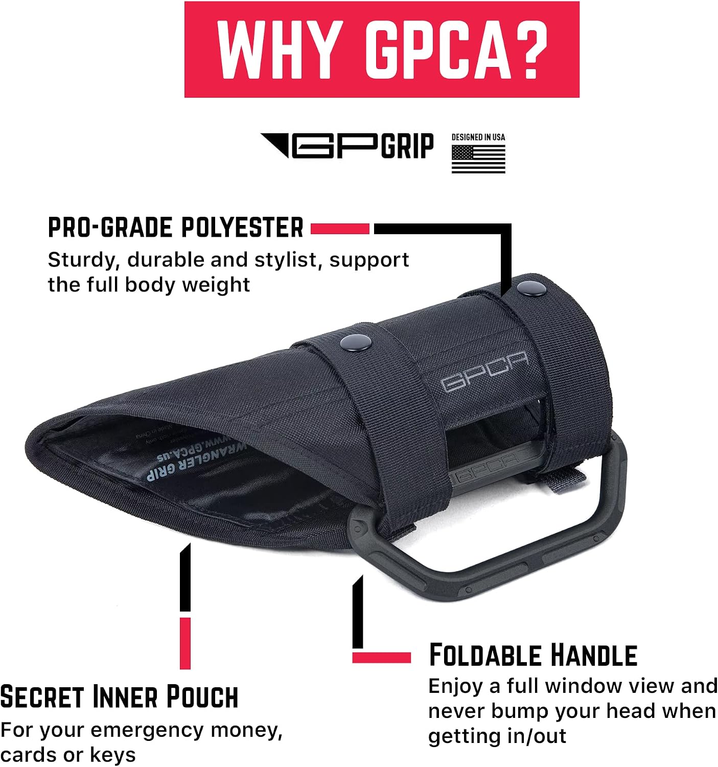 GPCA GP Grip LITE Jeep Grab Handles, Aluminum Metal Roll Bar Grip for Jeep Wrangler 4xe, JL, JK, JT, Sport, Sahara and Rubicon 4DR/2DR 2007-2023, Patented Jeep Accessories, 4-Pack, Jet Black