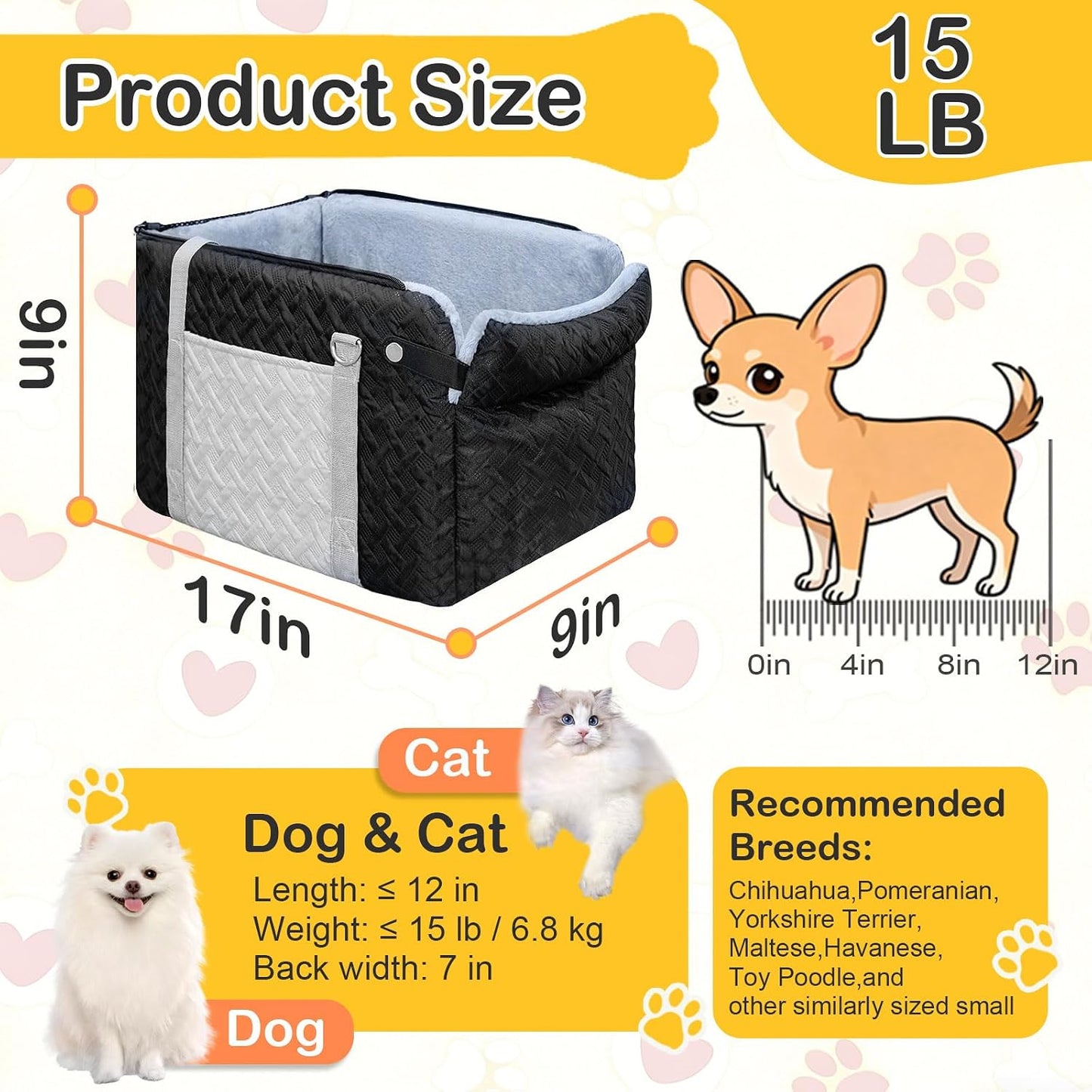 Car Seat for Small Dog, Center Console Dog Booster Portable Car Seat | Suitable for 0 - 15lbs Small Pets, Puppy, Doggy, Cats; with Safety Net