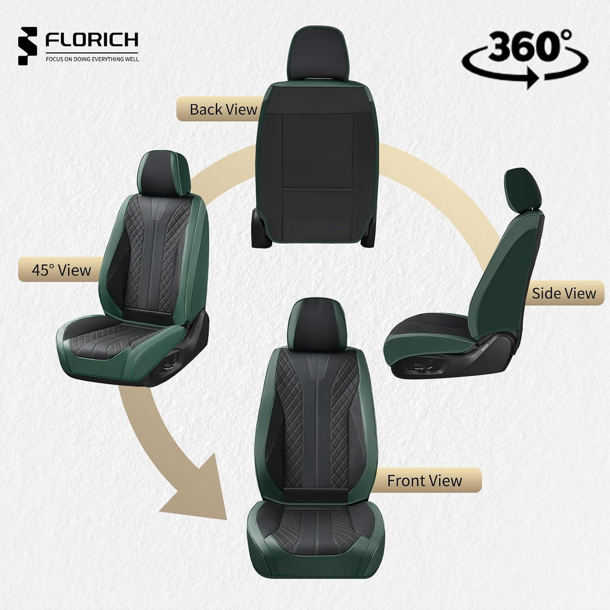 FLORICH Leather Seat Covers Full Set Automotive Car Seat Cover Front and Back Waterproof Auto Seat Covers Full Coverage Car Seat Protector Cushion Universal Fit for Most Cars SUV Trucks, Black&Green