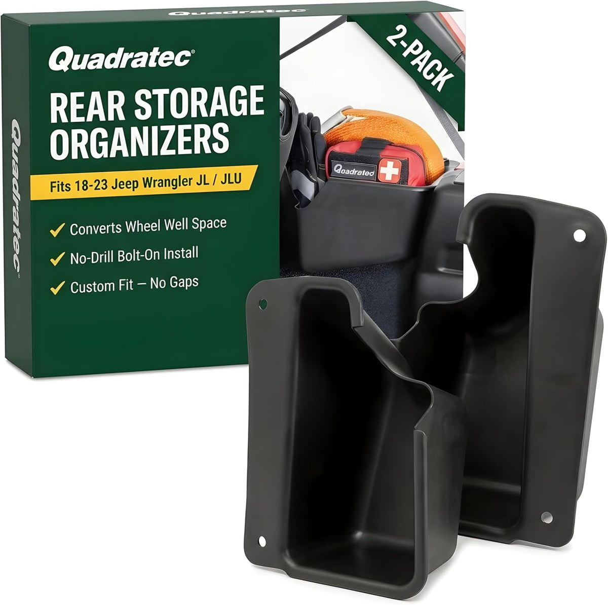 Quadratec Rear Wheel Well Storage Organizer Bin, 2-Piece Set for Left & Right Side - Fits Jeep Wrangler JL Unlimited 4-Door 2018-2022 - Interior Jeep Wrangler Accessories - Cargo Area Storage Box