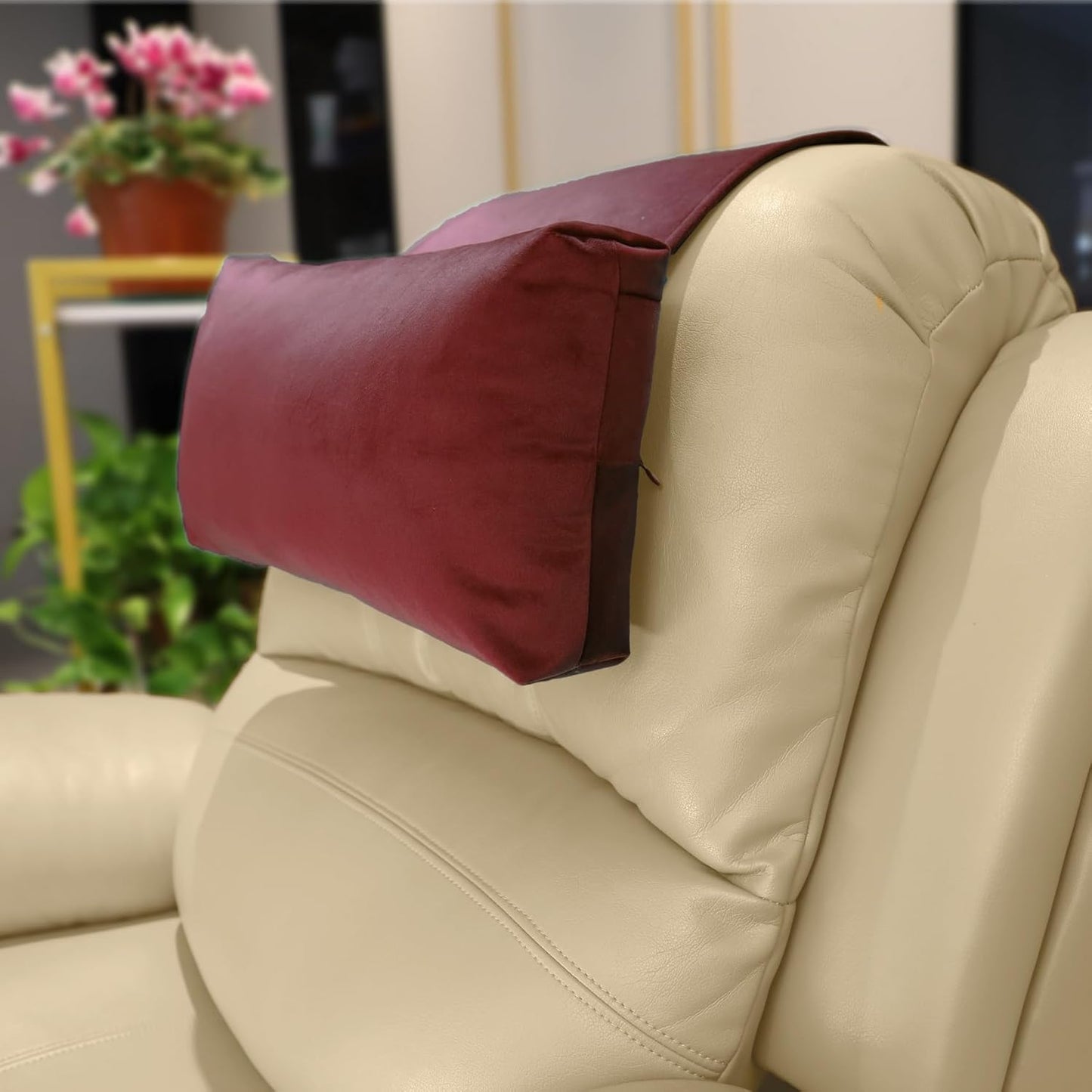 Non-Slip Head Pillow for Recliners - Neck Support Cushion with Velvet Cover for Pain Relief at Home, Office and Travel (Beige)