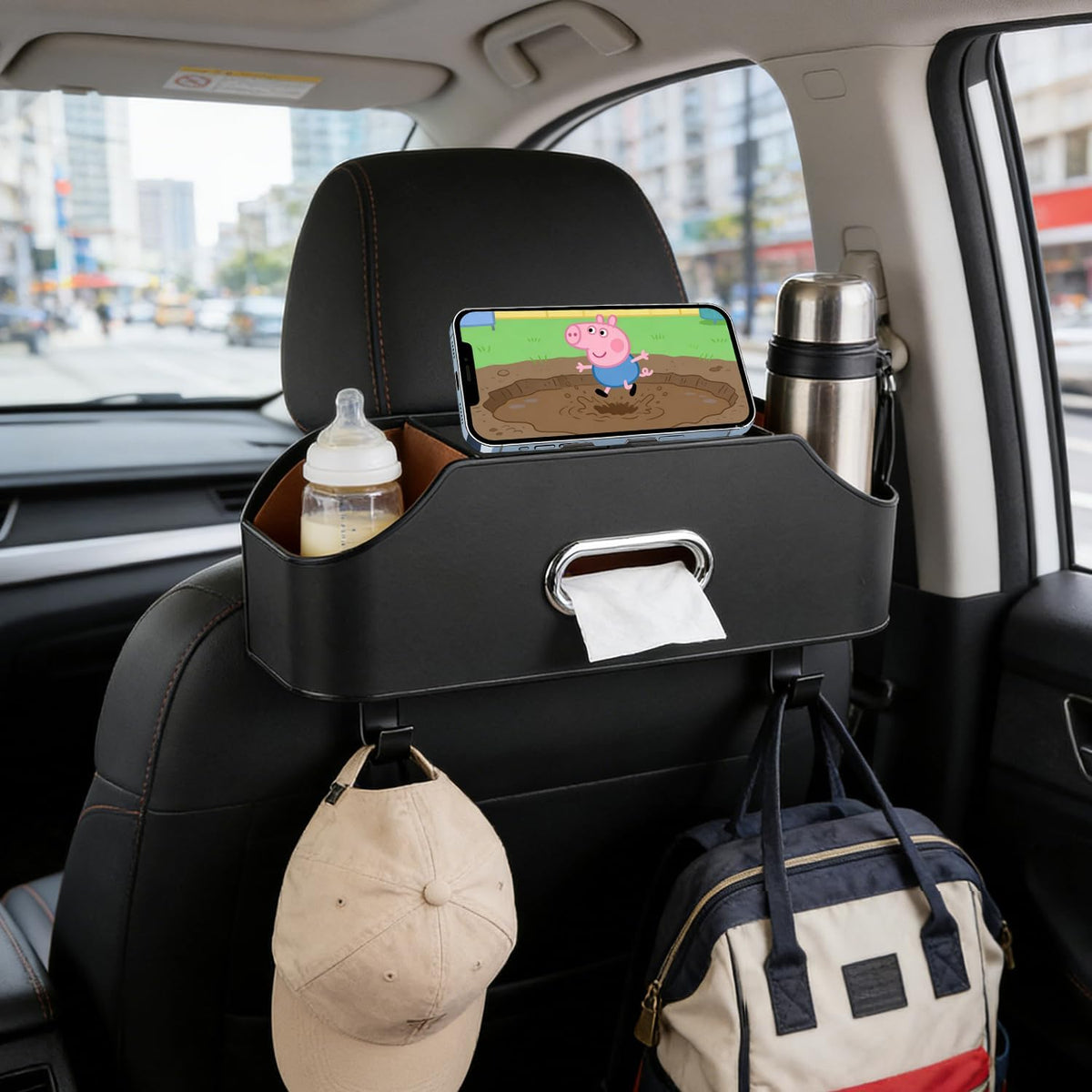 Abnaok Back Seat Car Organizer, 4 in 1 Multifunctional Car Back Seat Storage Box with Drink Cup Holder Tissue Box, for Hold Phone,Snacks, Drinks, Handbag