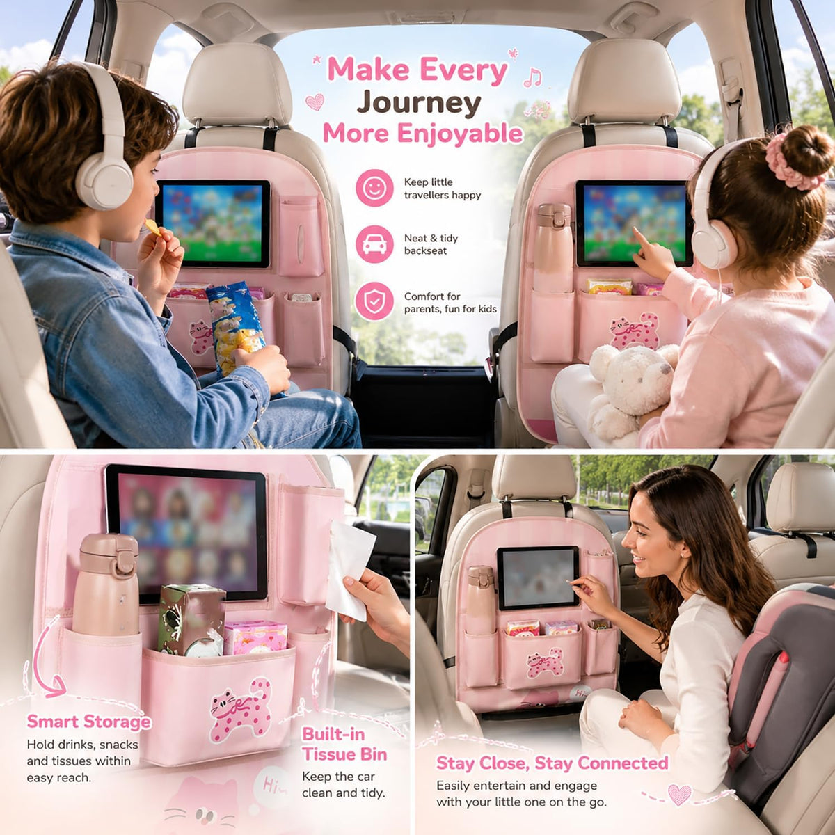 YUNZLAN Leather Backseat Car Organizer, Kick Mats Back Seat Protector with Touch Screen Tablet Holder Back Seat Organizer for Kids with 4 Storage Pockets Travel Accessories (PinkPinkCat)