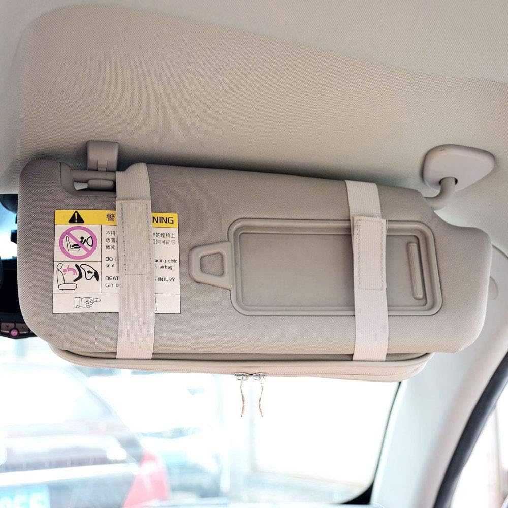Da by Car Sun Visor Organizer, Multi-Pocket Visor Organizer Storage Pouch for Cars, SUVs & Trucks with Double Zippers, Elastic Bands & Glasses Clip - Organizes Essentials Keep Tidy (Cream Grey)