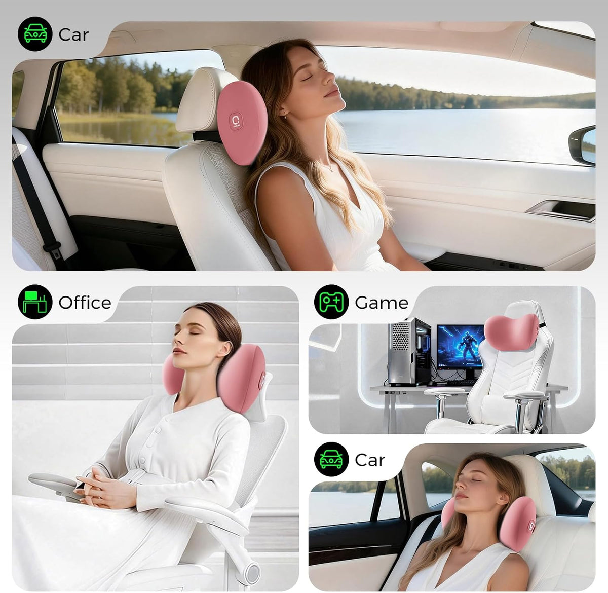 BEBAS Memory Foam Car Headrest Pillow - Breathable Neck Support Pillow for Driving, Universal Fit Cars/SUVs/Tesla/Toyota & Office Chair, Removable Cover (Pink, 4-Season)