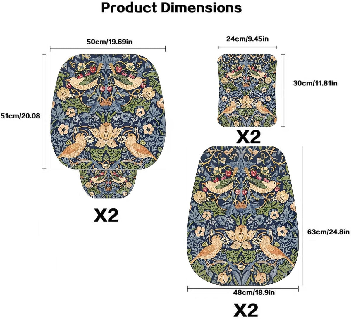 Luxury Boho Car Seat Covers Set,2-Front Seat Full Set,William Morris Vintage Bohemian Floral Pattern Honeycomb Knit Fabric,Breathable&All-Season Universal Automotive Seat Protectors