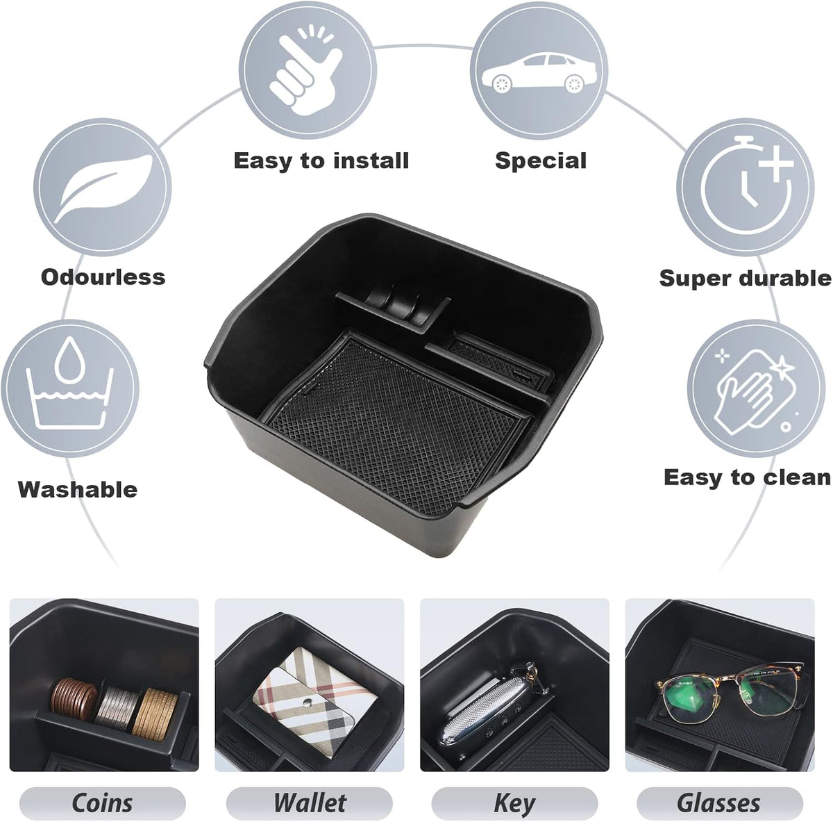 SKTU Compatible with 2020-2024 2025 Land Rover Defender Center Console Organizer 2023 2024 2025 Defender Accessories 2024 2025 Defender Console Tray Armrest Insert ABS Black Materials Storage Box
