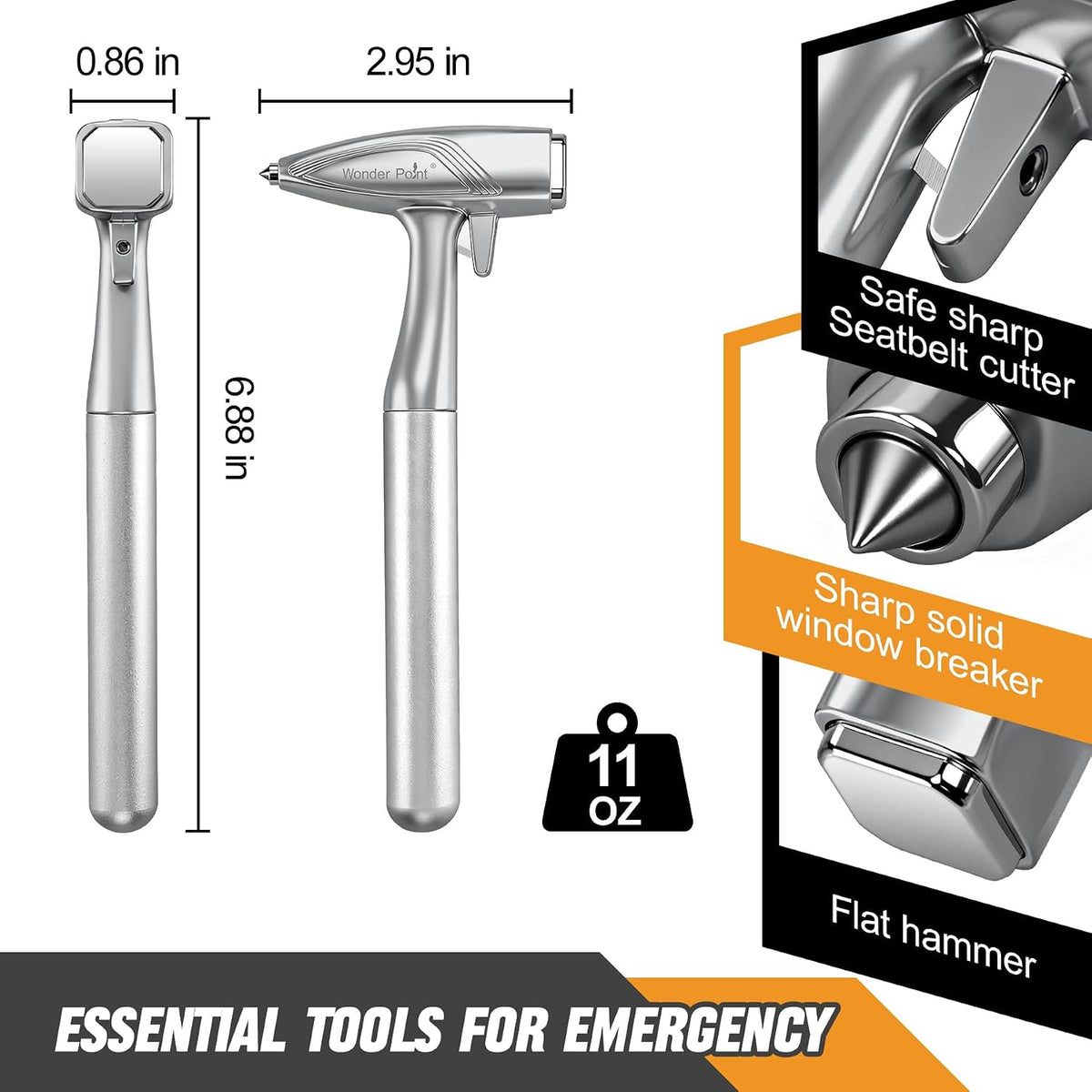 Car Window Breaker, Automotive Safety Hammer With Seatbelt Cutter, 3-in-1 Emergecy Escape Tool Car Metal Window Breaker Seatbelt Cutter, Aluminium Alloy Glass Breaker Hammer(Sliver 2Pack)
