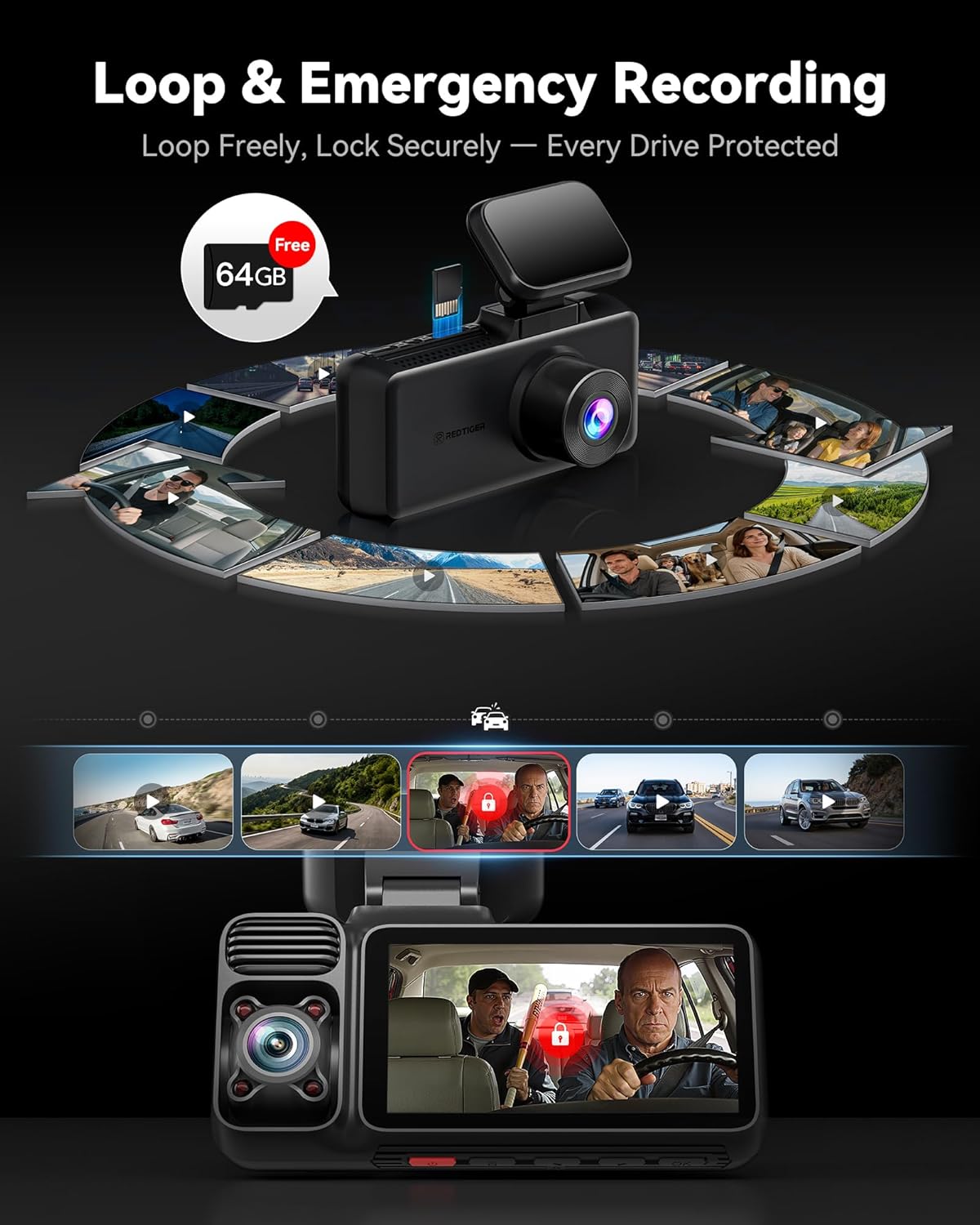 REDTIGER F17 4K 3CH Dash Cam, STARVIS 2 Sensor HDR, 64GB Card, 5.8GHz WiFi