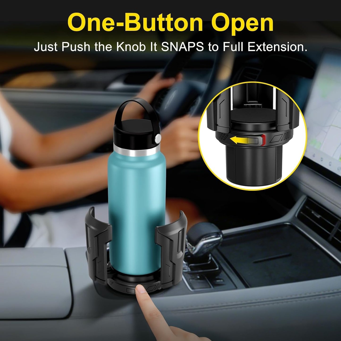Cup Holder Expander (Adjustable Holder & Base, Auto-Fit Hold, One Button Open), Car Cup Holder Expander for Yeti, Hydro Flask, Nalgene, Owala, Bottles in 2.6"- 4.8" (Black, 1 Pack)