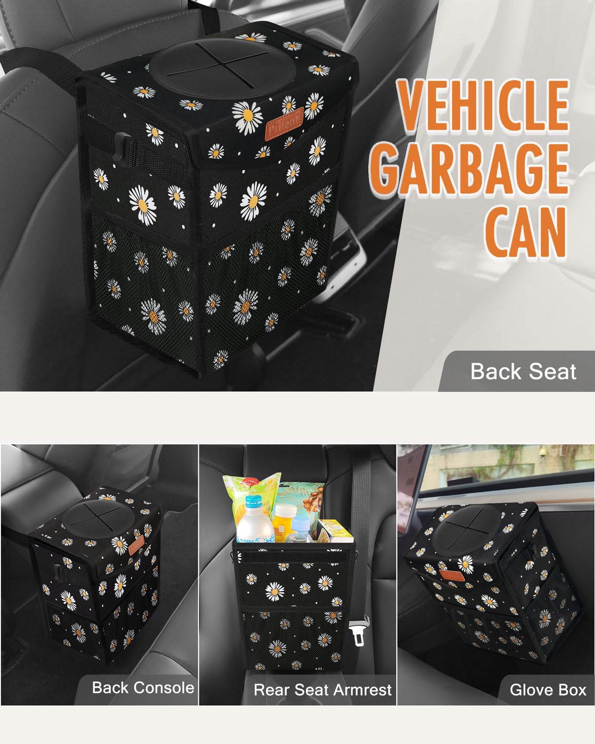Pritent Car Trash Can with Lid, Cute Leakproof Car Trash Garbage Bag Hanging Vehicle Trash Bin Small Portable Automotive Garbage Cans Organizer for Back/Front Seat/Console(Trapezoid,Black Flower)