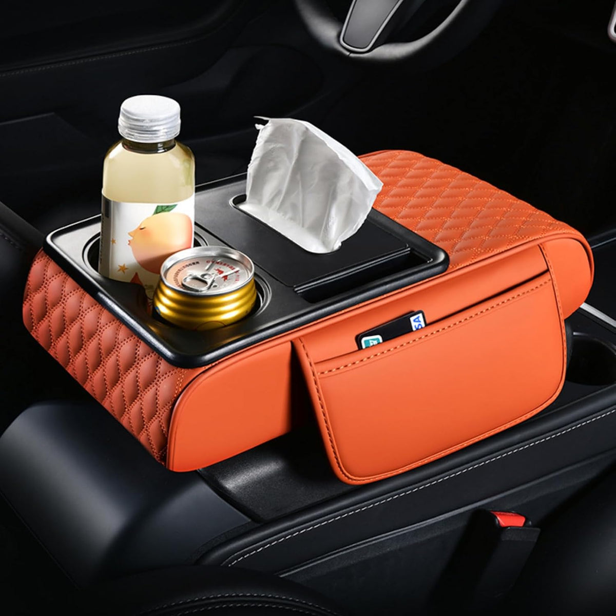 5-in-1 Car Armrest Pad Cushion, Water Ripple Embossed Center Console Booster Pad with Tissue Box, Cup Holder, Storage Bag, Phone Slot, Fit for Most Sedan Vehicles (Water Ripple Series, Grey)