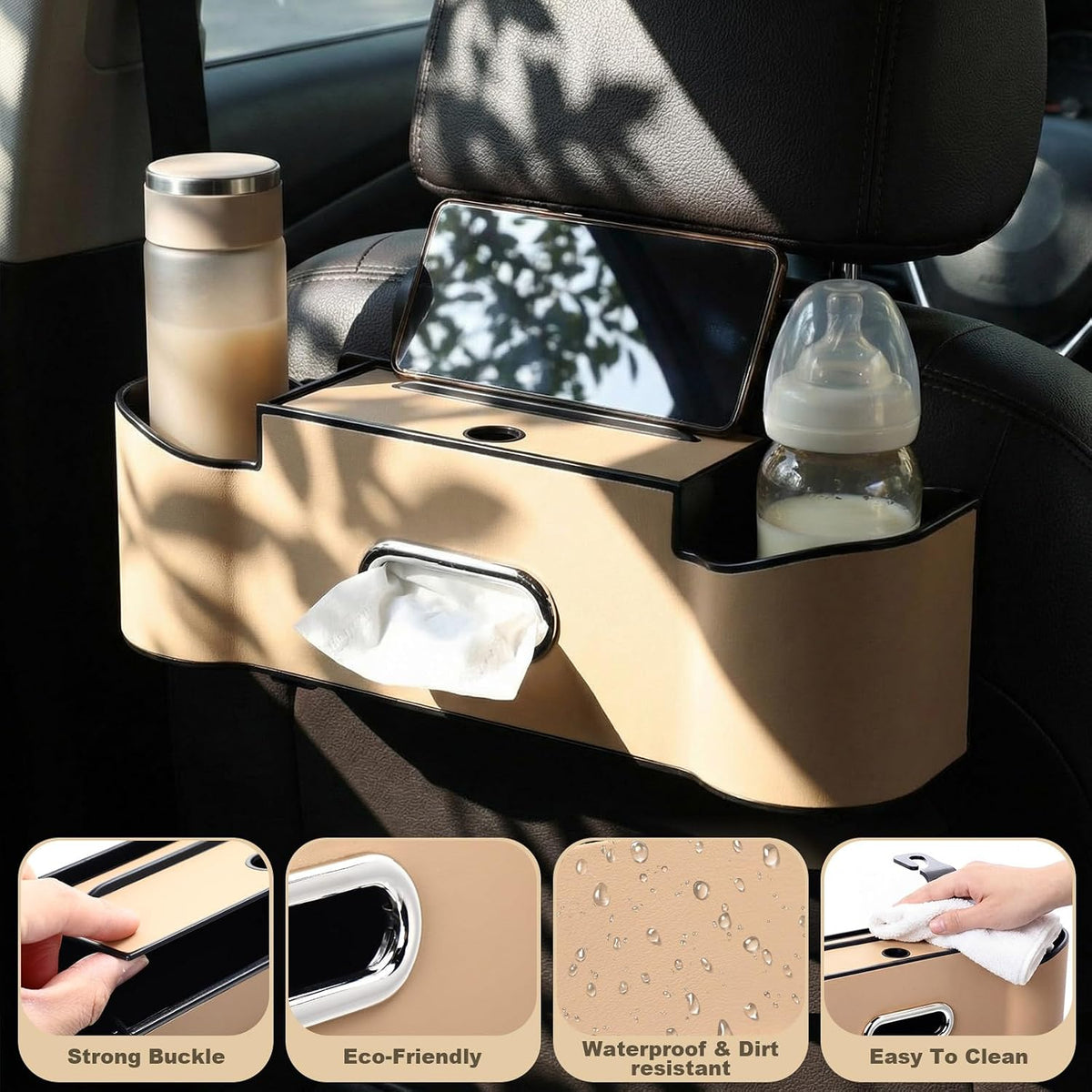 LemonRoad 2 Pack Car Seat Back Storage Box, Tissue 2 Cup Holders, Beige