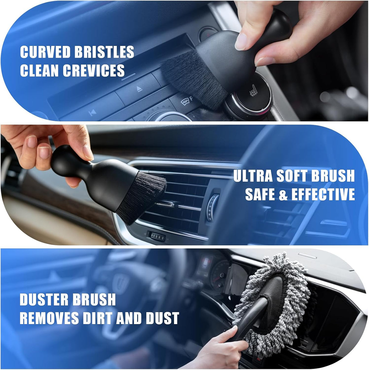 Car Interior Cleaning Kit - Windshield Cleaner Tool, 3 Graded Boar Brushes, Double Head AC Vent Shutter Brush, Towels, Duster, Car Interior Detailing Kit for RVs, Truck, Trailer