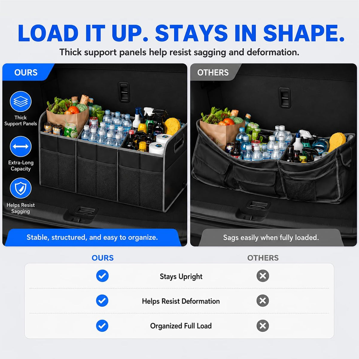 XL Car Trunk Organizer, 4 Compartments, 94L Capacity, Oxford Polyester 600D Material, Easy Fold and Store, Prevents Sliding