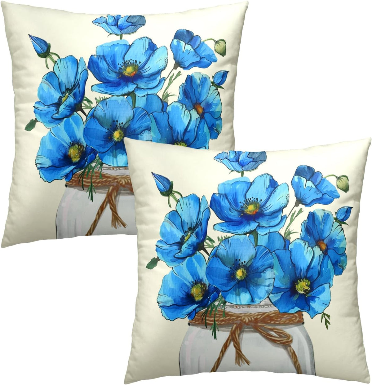 Blue Poppy Throw Pillow Covers 18x18 Inch Set of 2 Watercolor Summer Flower Mason Jar Decorative Pillow Cushion Cases for Sofa Couch Living Room Housewarming Party Decor