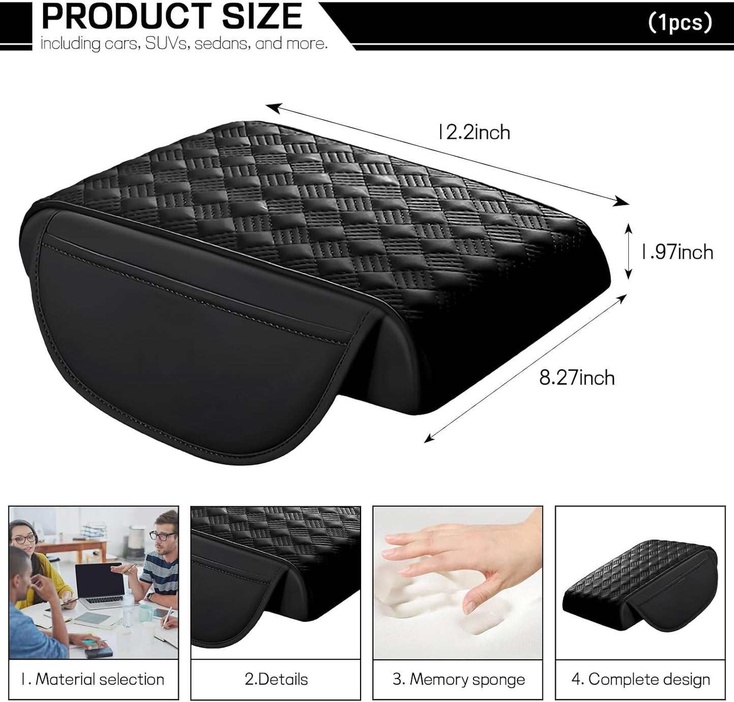Car Armrest Cushion, 12.2"×8.3" Leather Auto Memory Foam Center Console Pad with Storage Pocket, Waterproof & Anti-Scratch Elbow Pillow Armrest Seat Box Protector, Universal Fit (Black)