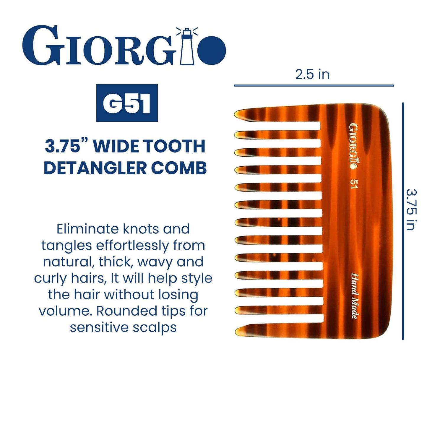 Giorgio G51 Wide Tooth Detangling Combs for Women, Wide Teeth Pocket Comb for Thick Curly Wavy Hair. Hair Detangler Comb For Wet and Dry Everyday Care. Handmade, Saw-Cut and Hand Polished