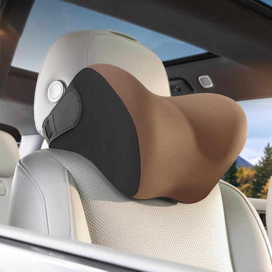 BEBAS Car Headrest Pillow, Memory Foam Neck Support Pillow for Cars - Ergonomically Designed for Long Drives, Travel & Commuting, Pain Relief with Removable & Washable Cover (Brown,1-Pack)
