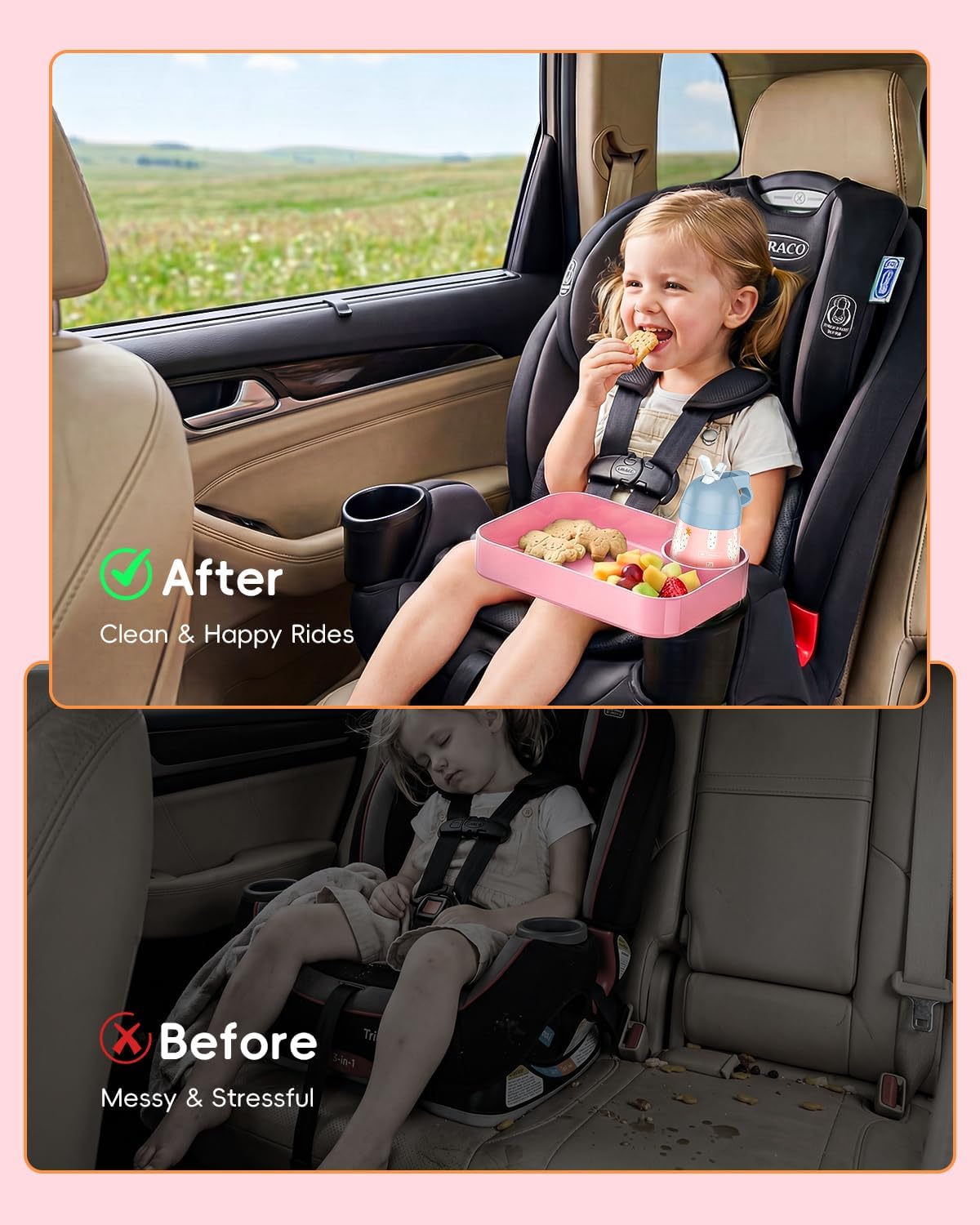 Toddler Car Seat Snack Tray - 3 Inch Cup Holder with Dip Well Fits Most Sippy Cups & Straw Bottles, Mess-Free Square Kids Travel Tray Road Trip Essentials, Pink