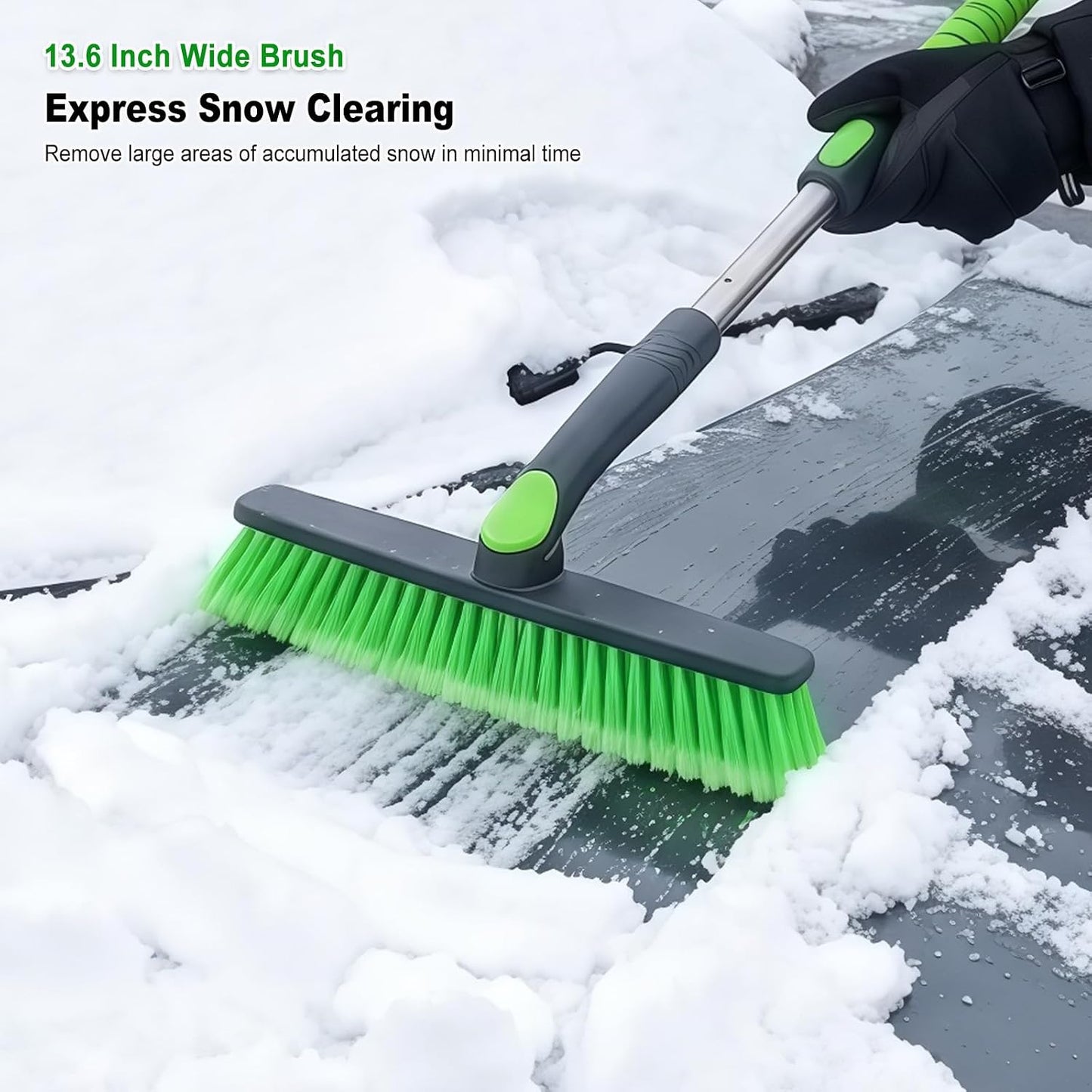 SEAAES 45 Inch Snow Brush with 5.2" Extra Wide Ice Scraper for Car, Extendable Snow Scraper with Foam Grip, 360° Pivoting Brush for SUV Truck Jeep Vehicle Windshield Window - Green