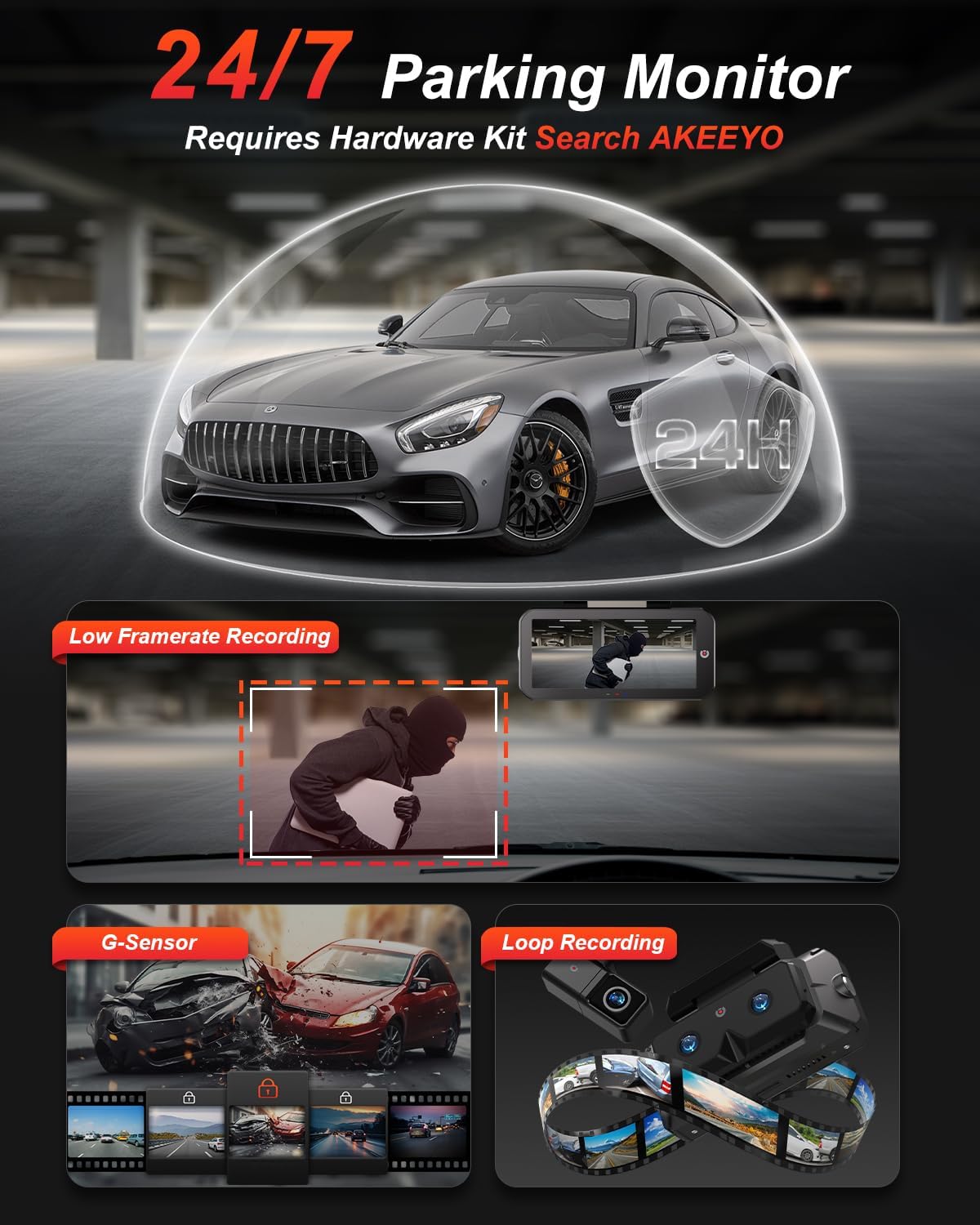 AKEEYO 3-Channel Dash Cam Front and Rear, Industry-First Telephoto Lens for 50M License Plate Capture, 2K Triple Lens Car Camera,5GHz WiFi,AI ADAS & BSD Blind Spot Detection,24H Parking Mode,64GB Card