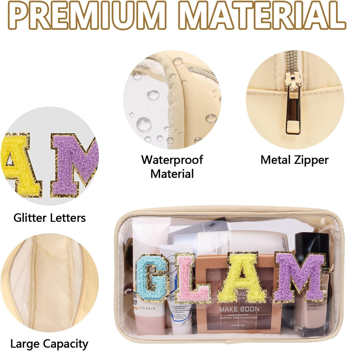 Iqimott Clear Patch Makeup Bag Monogram Pouch, Preppy Personalized Chenille Letter Cosmetic Pouch for Travel, Nylon Waterproof Organizer Travel Essentials Zipper Toiletry Bags for Women Girls(Beige)