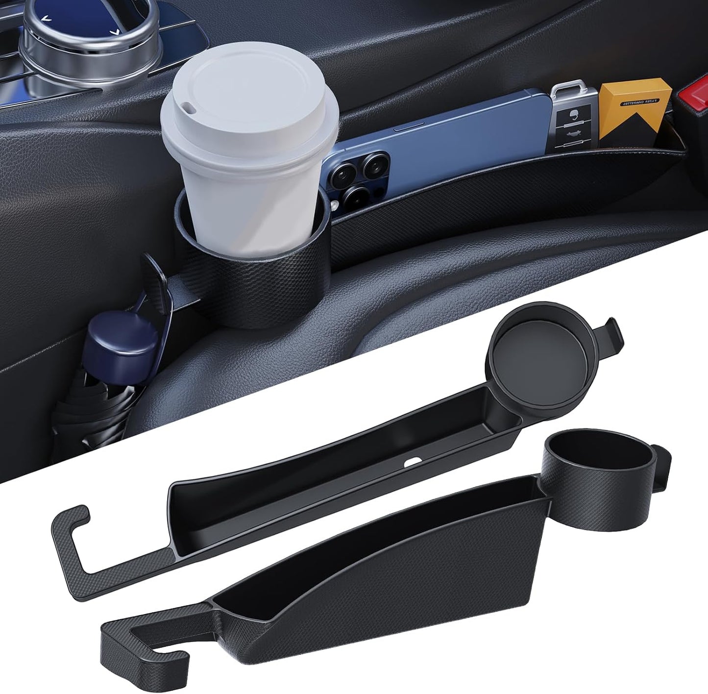 2 Pack Dual Car Seat Gap Filler with Cup Holder, Car Gap Plug Seat Fillers with Black-Carbon Fiber Texture for Cars SUV Trucks, Console Side Gap Organizer Storage, Fit for 1'' Seat Console Gap