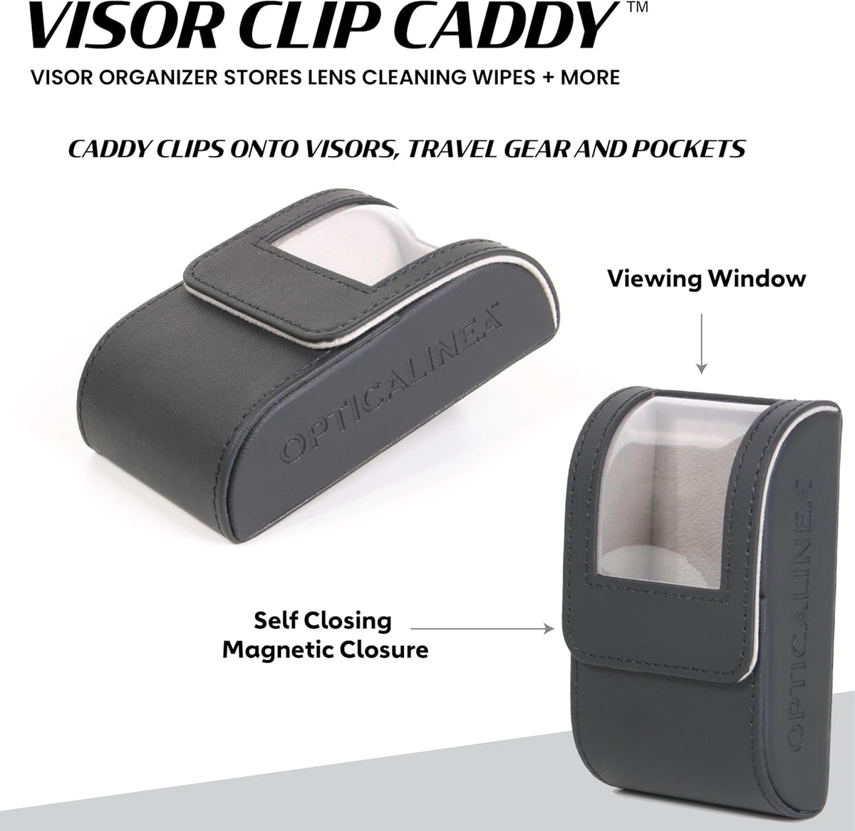 Visor Clip Caddy Vegan Leather Storage CASE for Eyeglass Wipes, Anti-Fog Wipes, Cleaning Wipes and Accessories with Easy Access Quick Release SELF Closing Magnetic Closure – Black