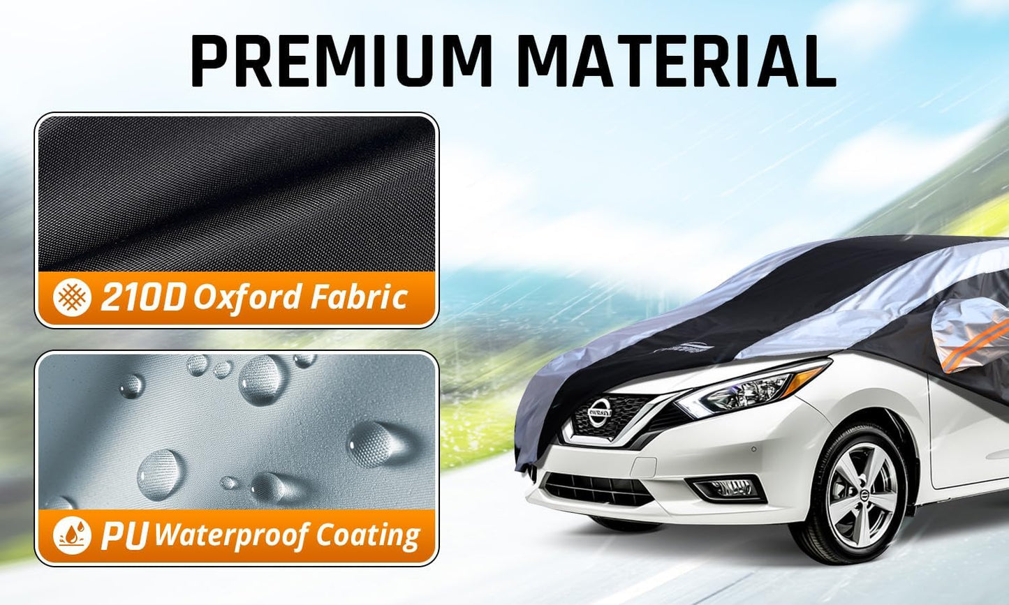Versa Car Cover Waterproof All Weather with Silver Strip Design, Custom Fit for Versa 20012–2025, Versa Accessory with Door Zipper & Windproof Straps