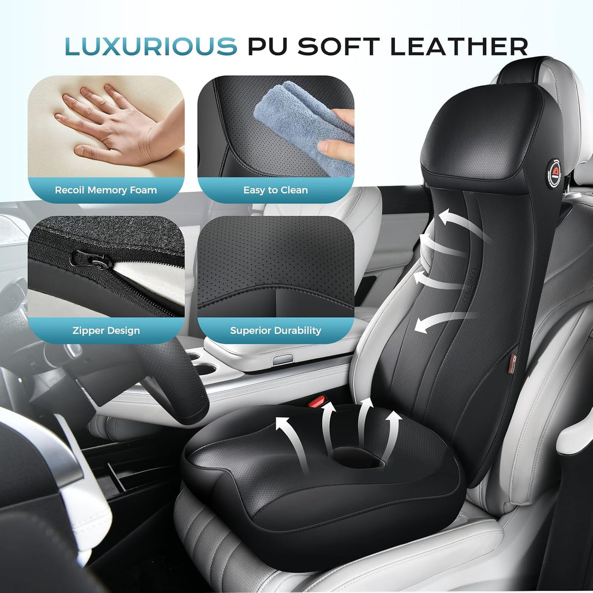 Coverado Car Seat Cushion and Lumbar Support Headrest Pillow, Integrated Ergonomic Memory Foam Back Support Neck Pillow, Soft Leather Breathable Driving Seat Cushion for Sciatica Pain Relief, Black