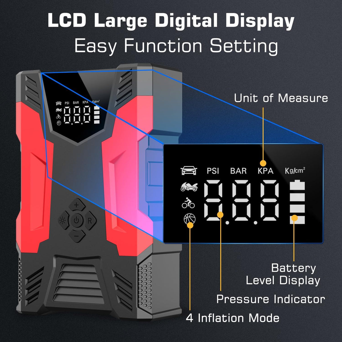 Car Jump Starter with Air Compressor, 3000A Peak Portable Battery Built-in Air Compressor and Air Hose, 150PSI Tire Inflator Up to 7.0L Gas/5.0L Diesel USB QC 3.0 10000mAh Power Bank, LED Flashlight