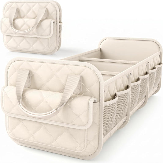 HOTOR Car Trunk Organizer for Women & Men Foldable SUV Storage Accessories | 3 Compartments, Road Trip, Camping, Shopping, for Tools & Outdoor Storage, Fits Truck, Van, Sedan, Beige, 32.3" x 12.8" x 11"