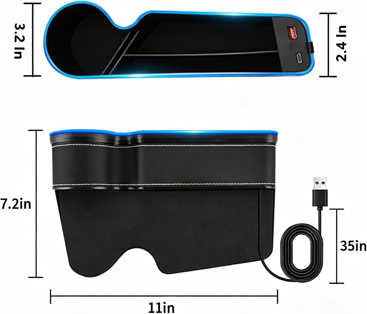 7 Color Led Car Seat Gap Filler Organizer Car Seat Pocket Gap Filler with USB+C Fast Charger,Car Gap Organizer Storage 2023 Console Side Seat Gap Filler fit for Passenger Side(Black-passenger side)