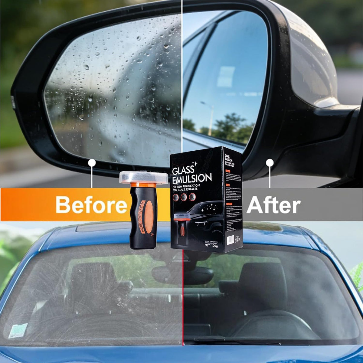 【2PCS】 Glass Emulsion Cleaner, Car Windshield Cleaner Tool Roll-On Glass Compound with Cleaning Board, Removes Oil Film & Smudges, Improve Windshield Clarity for Safe Driving (100ml+Brush)*2