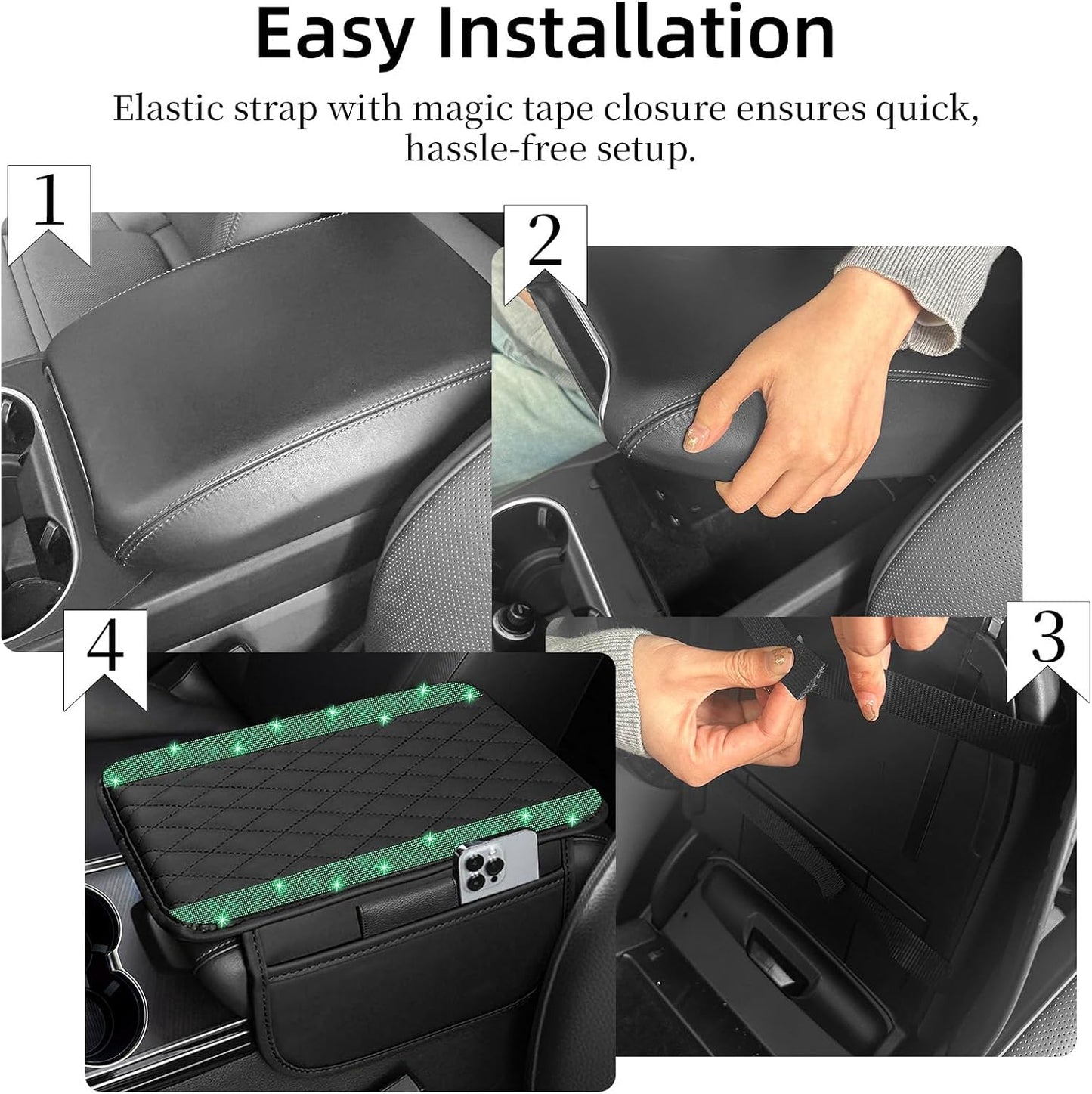 NBTEPEM Bling Car Center Console Cover, Leather Car Arm Rest Cover Cushion with 2 Storage Bags, Universal Auto Armrest Protector Storage Box, Bling Accessories Interior for Most Vehicles (Green)