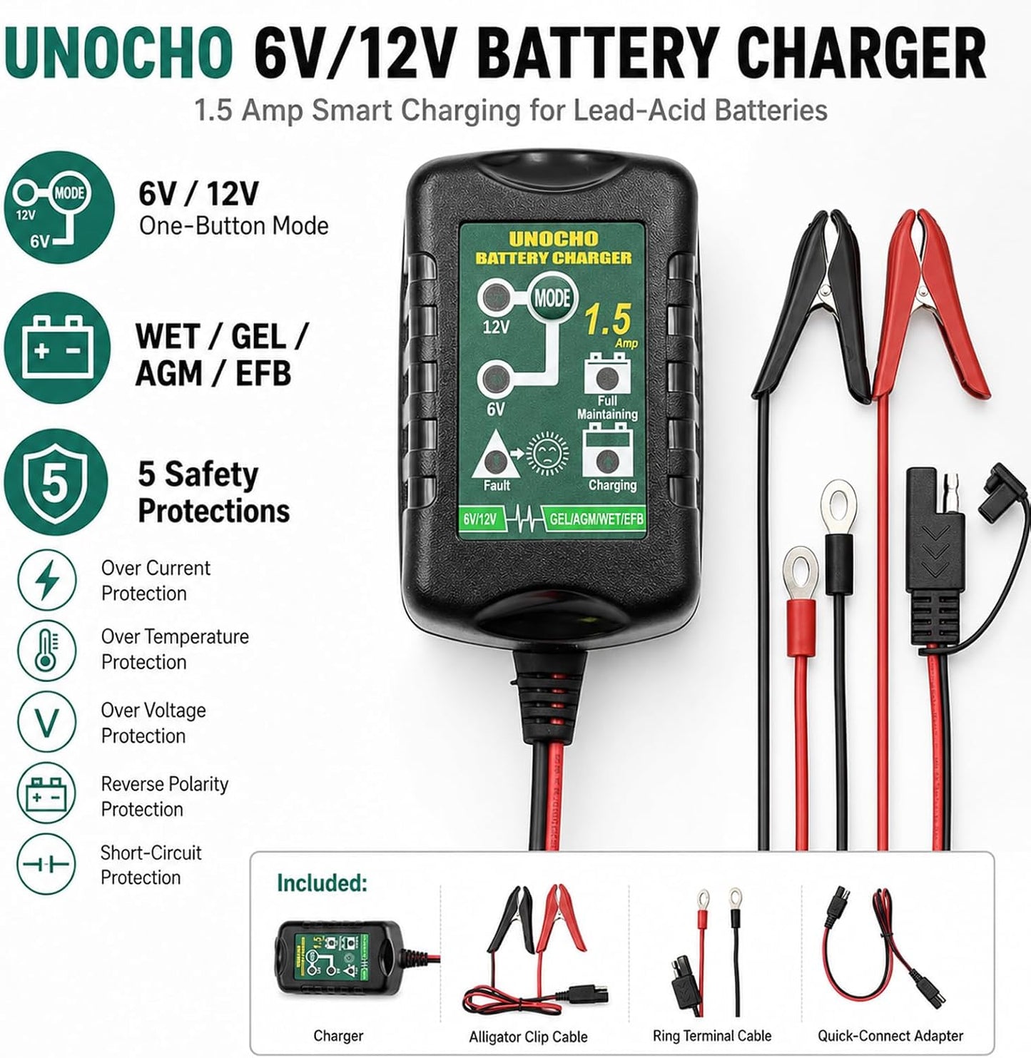 Unocho 6V/12V Battery Charger Maintainer 1.5A Automatic Trickle Charger Smart Float Charger for Car Motorcycle Lawn Mower Boat ATV Snowmobile Lead-Acid AGM GEL SLA VRLA WET Batteries
