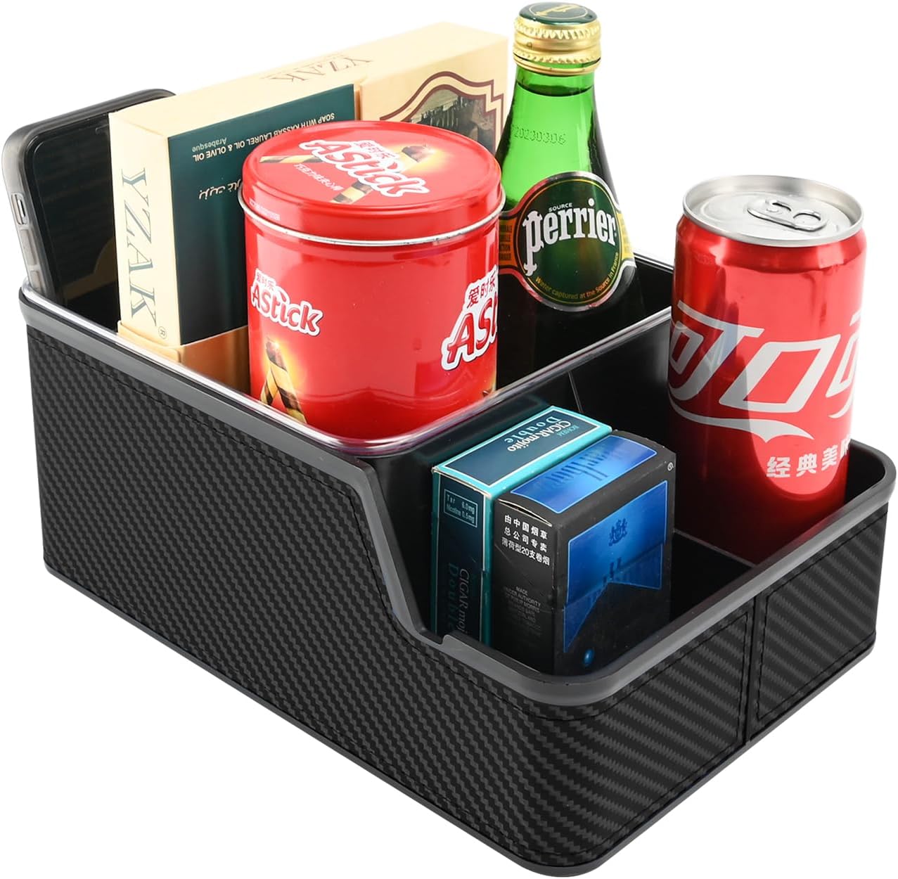 Car Front Seat Organizer with Compartment,Center Console Organizer,Car Armrest Storage Box,Back Seat Cup Holder Tray,Between Seat Small Caddy with Phone Holder for Truck,SUV,Van (Black)