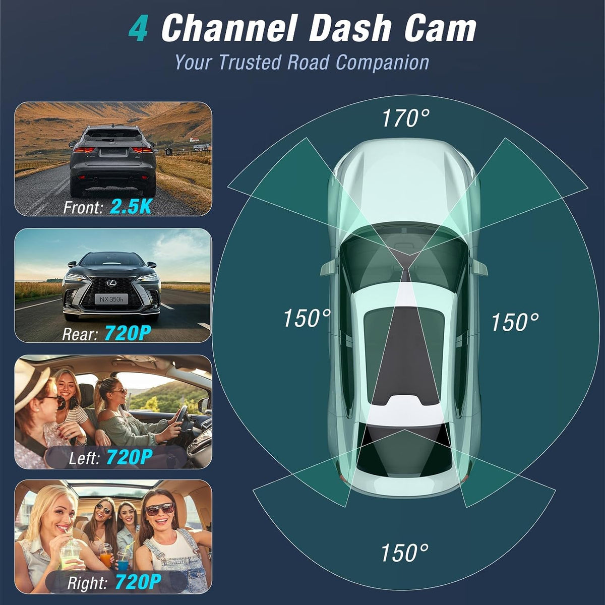 4 Channel 360° Dash Cam Front and Rear Inside with 5GHz WiFi 64GB Card