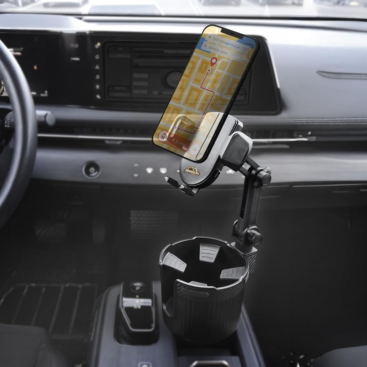 Armor All 2-in-1 Cup Holder Cell Phone Holder, Dual Cellphone Car Mount and Cupholder, XL Cupholder Holds Bottles, 6” in Arm 360° Degree Rotatable, Swivel Phone Mount Fits Most Phones, Expandable Base