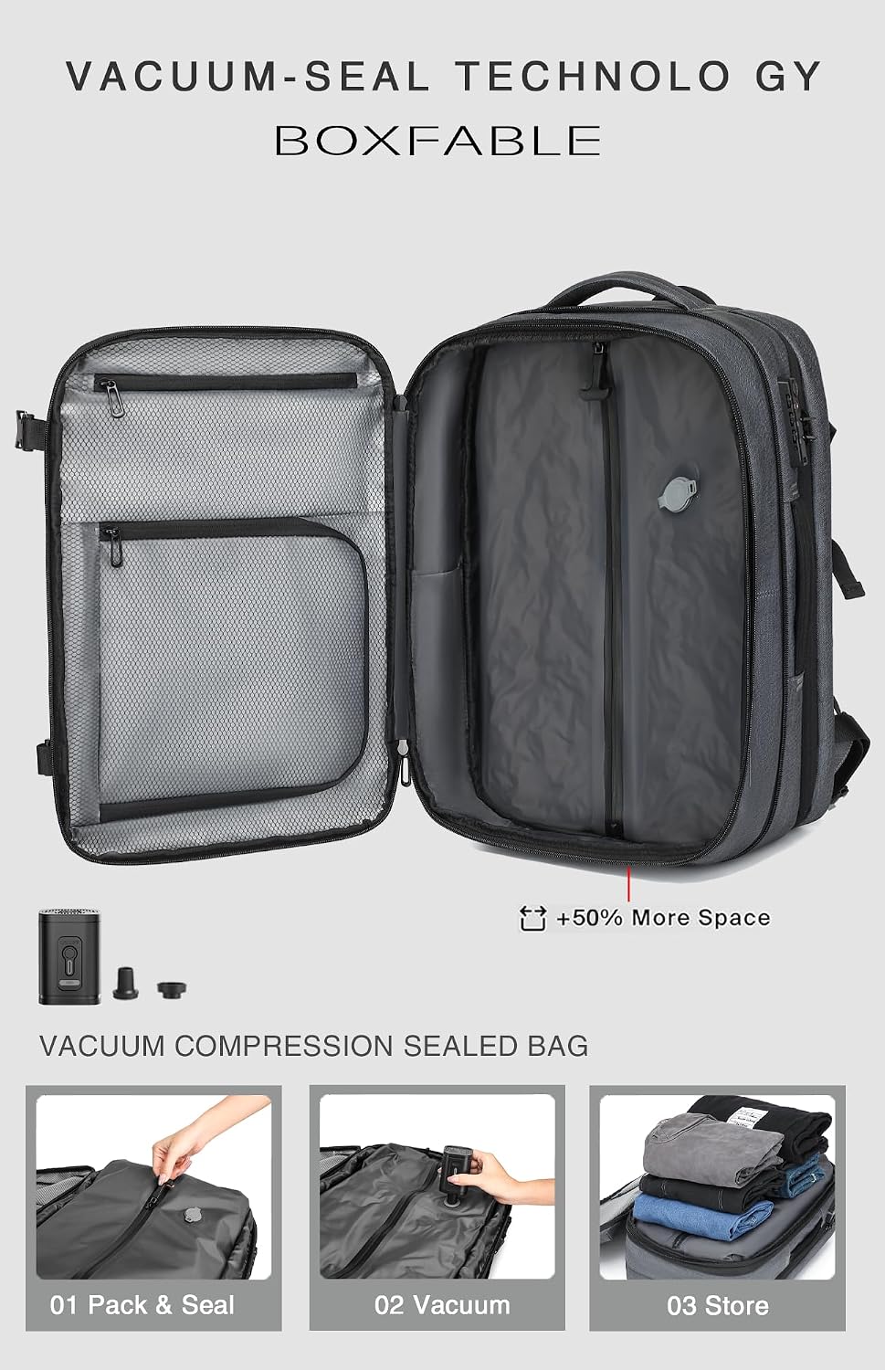 Vacuum Seal Travel Backpack 45L with Pump - Expandable Air Compression System, Water-Resistant Business TSA Lock, Laptop Backpack, Carry-On Suitcase Luggage, Gifts for Men