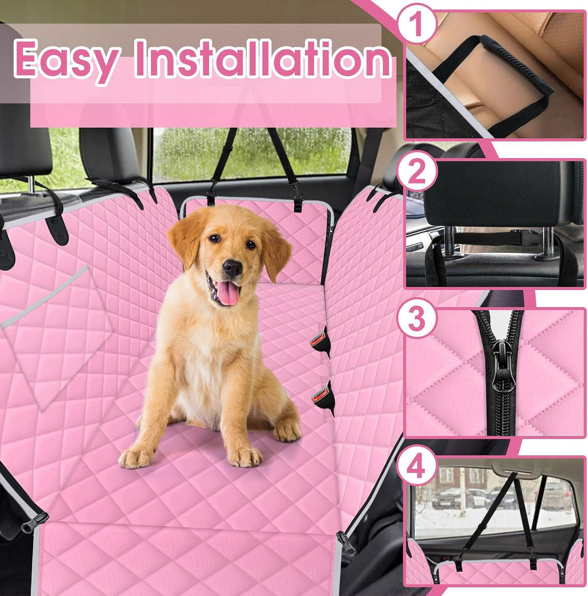 Waterproof Dog Car Seat Cover for Back Seat, Pet Hammock- L, Pink/Grey | Durable waterproof hammock with nonslip design & storage pockets. Protects seats from scratches, fits cars, SUVs & trucks.