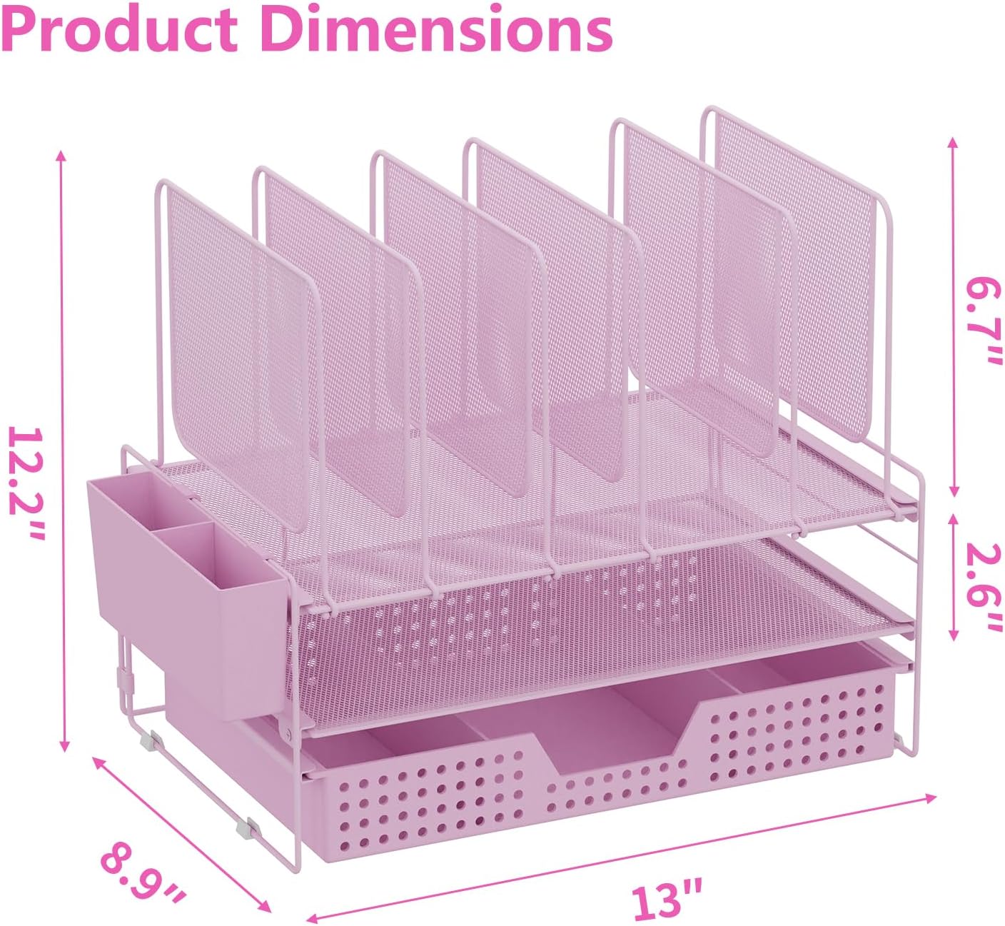 LEKETREE Pink Desk Organizer, Office Organization with Vertical File Holder, File Organizer with Drawer and Pen Holder, Desk Accessories and Workspace Organizers for Home Office (Pink)