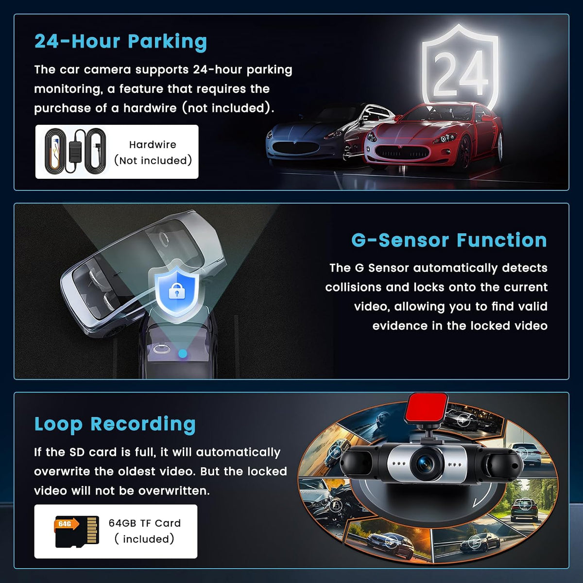 Inefala 4 Channel Dash Cam Front and Rear Inside with Super Night Vision