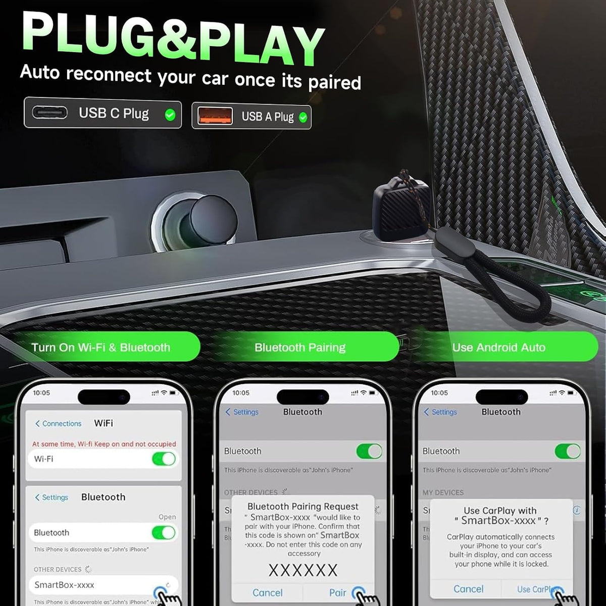 Wireless Carplay Adapter (2025 Upgrade), Plug and Play, Convert Wired to Wireless Bluetooth Carplay Adapter for iPhone - No Latency -Micro Size