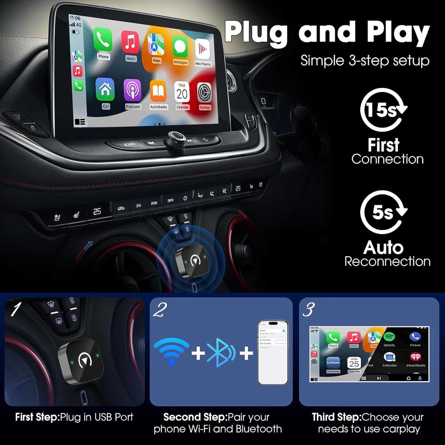Wireless Carplay Adapter & Android Auto 2026 Upgrade Wired CarPlay to Wireless,2-in-1 Mini USB Design with Fast Stable Connection Car Play for Apple iOS 10+, Android 11+ Version